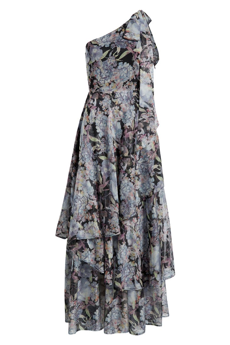 Amara Floral One-Shoulder Gown, Alternate, color, GREY MULTI