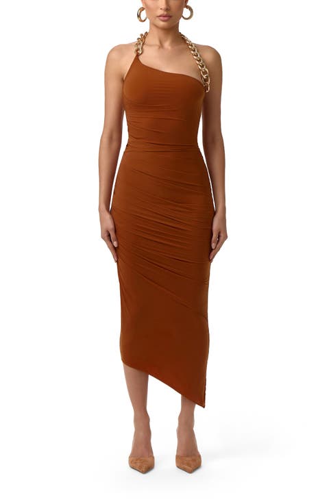 Chain Detail Asymmetric Body-Con Halter Dress