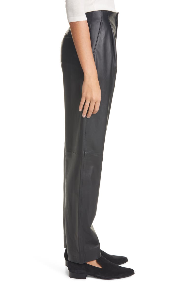 Pleat Front Tapered Leather Trousers, Alternate, color, BLACK