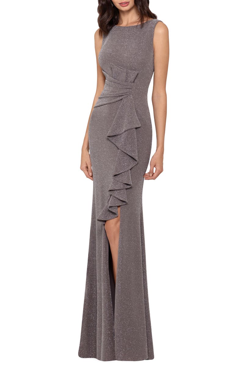Betsy & Adam Ruffle Front Metallic Knit Gown, Alternate, color, 