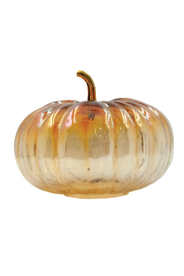 Glass Pumpkin with Brass Stem, Iridescent Finish, Amber Color, Main, color, Amber