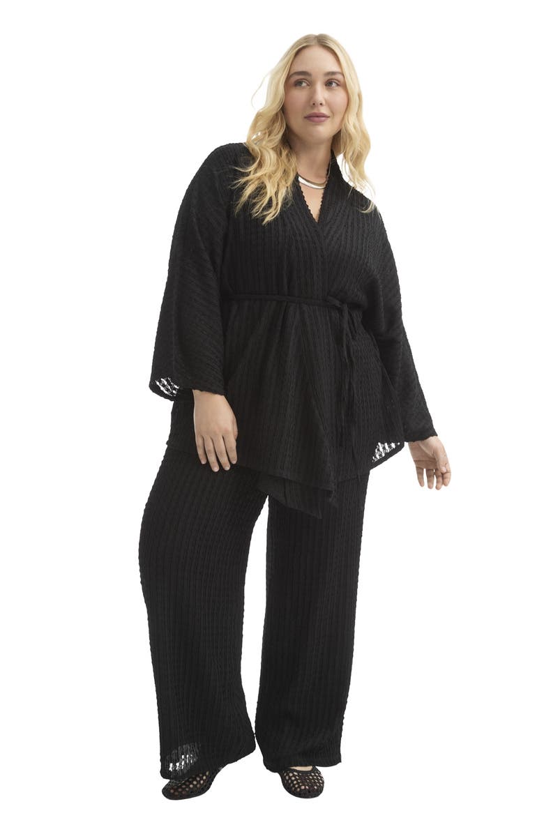 June + Vie Tie Waist Knitted Kimono, Main, color, Black Onyx