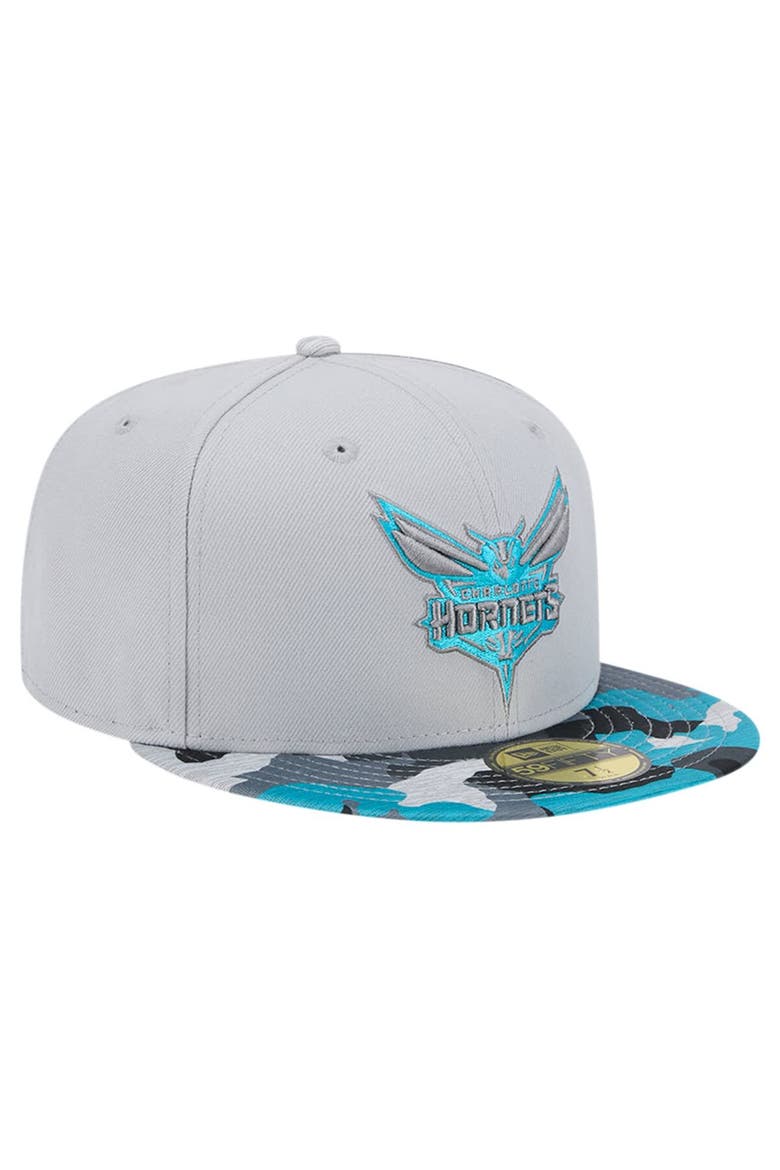 Men's New Era Gray Charlotte Hornets Active Color Camo Visor 59FIFTY Fitted Hat, Alternate, color, Gray
