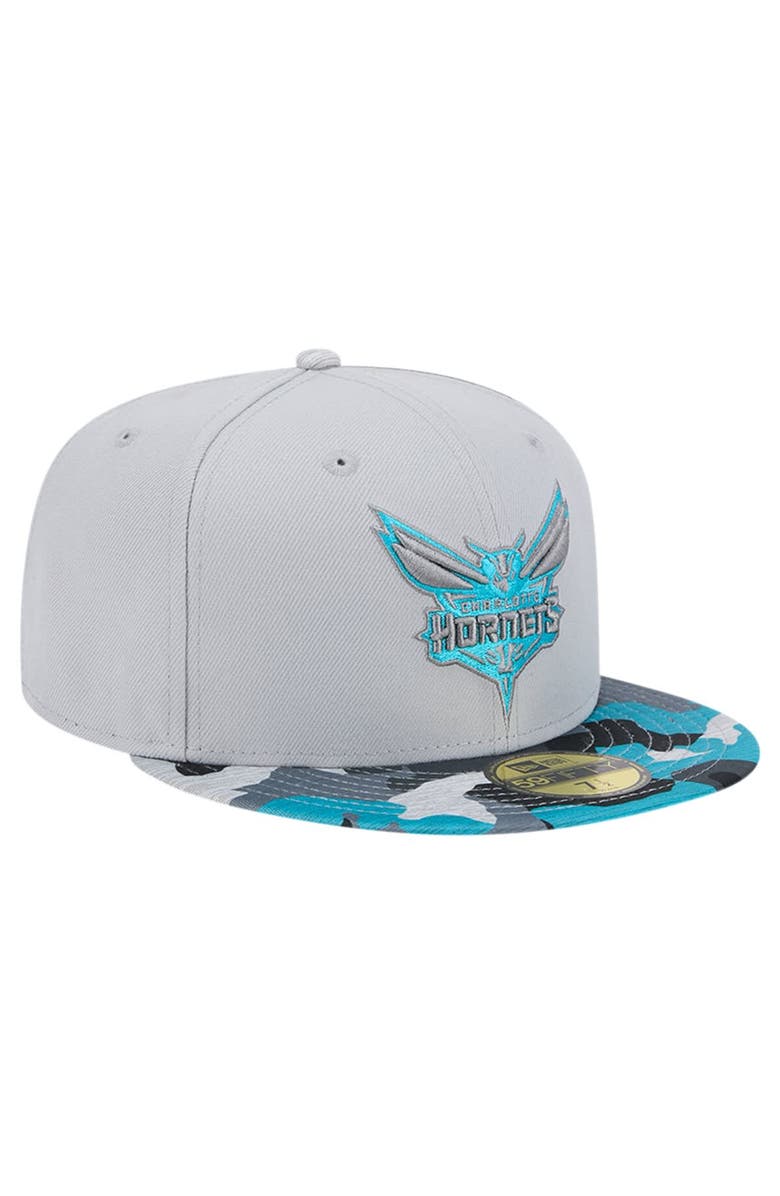 New Era Men's New Era Gray Charlotte Hornets Active Color Camo Visor 59FIFTY Fitted Hat, Alternate, color, 