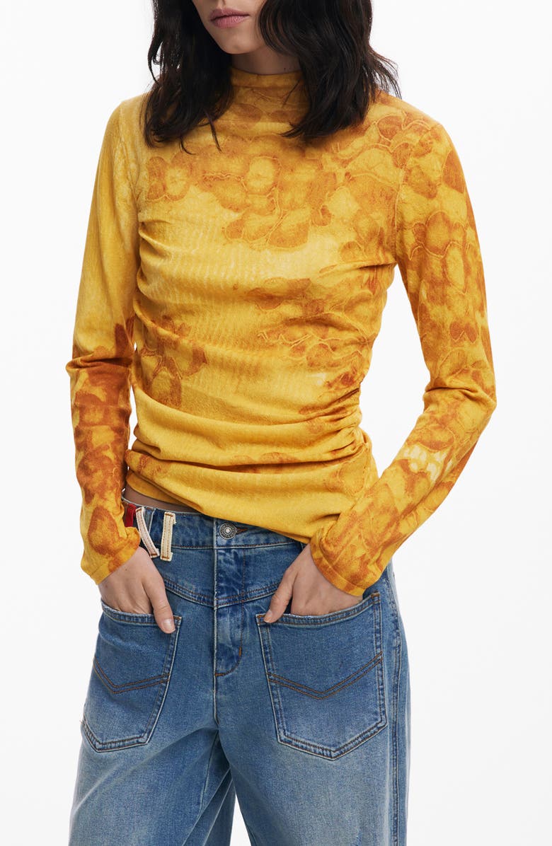 Desigual Funnel Neck Printed Sweater, Main, color, Yellow