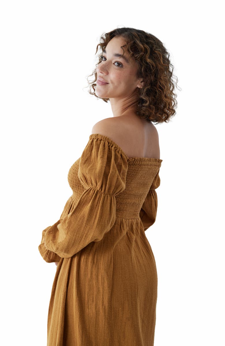 Ingrid & Isabel<sup>®</sup> The Dream Off the Shoulder Long Sleeve Cotton Maternity Midi Dress, Alternate, color, Golden Brown