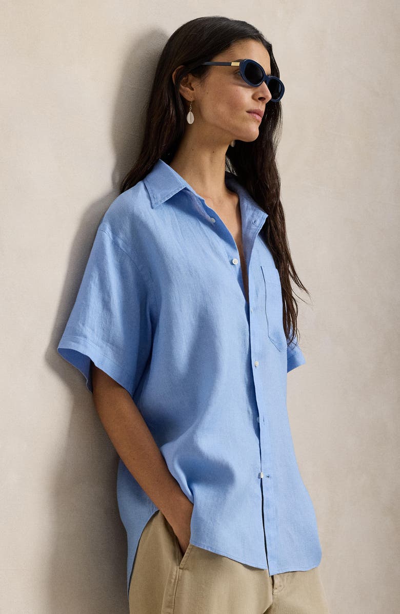 Polo Ralph Lauren Oversize Short Sleeve Linen Button-Up Shirt, Alternate, color, Blue Lagoon