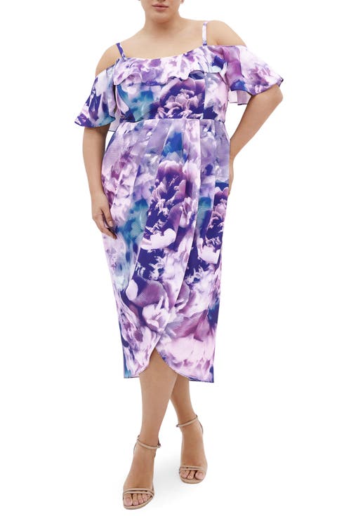 Floral Drape Cold Shoulder Midi Dress (Plus)