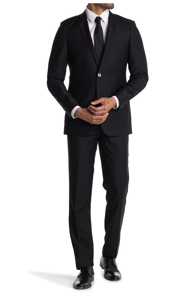 ZANETTI Solid Black Slim Fit Notch Lapel Two-Button Suit, Main, color,
