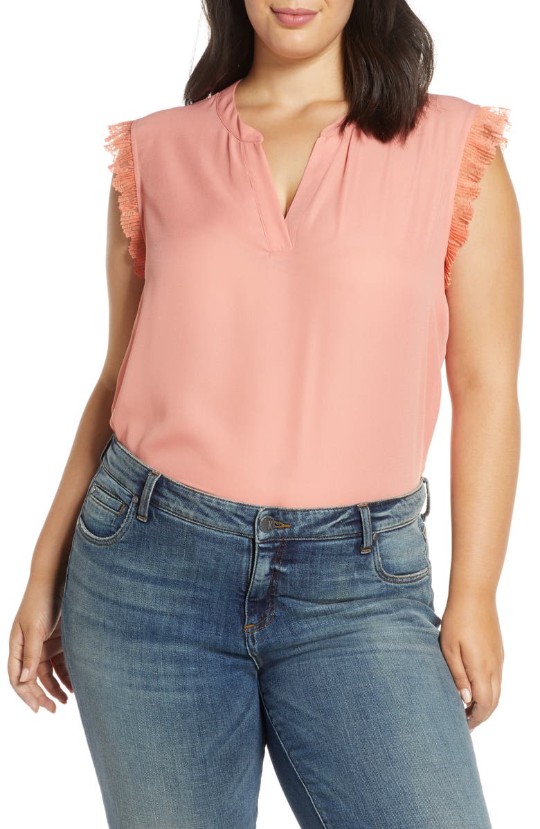 GIBSONLOOK Gibson x City Safari Roselyn Weaver Split Neck Lace Trim Top, Main, color, 