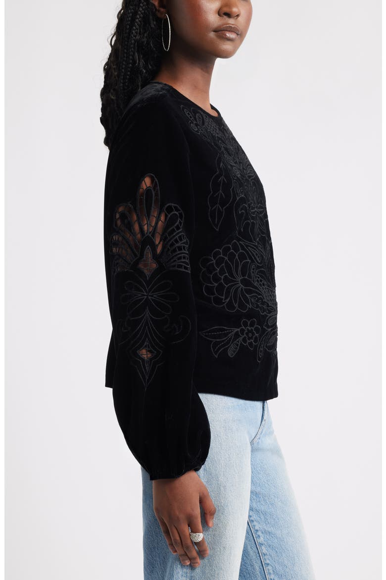 Velour Floral Cutwork Top, Alternate, color, BLACK