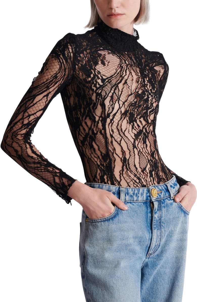 Balmain Long-Sleeved Lace Body, Alternate, color, Black