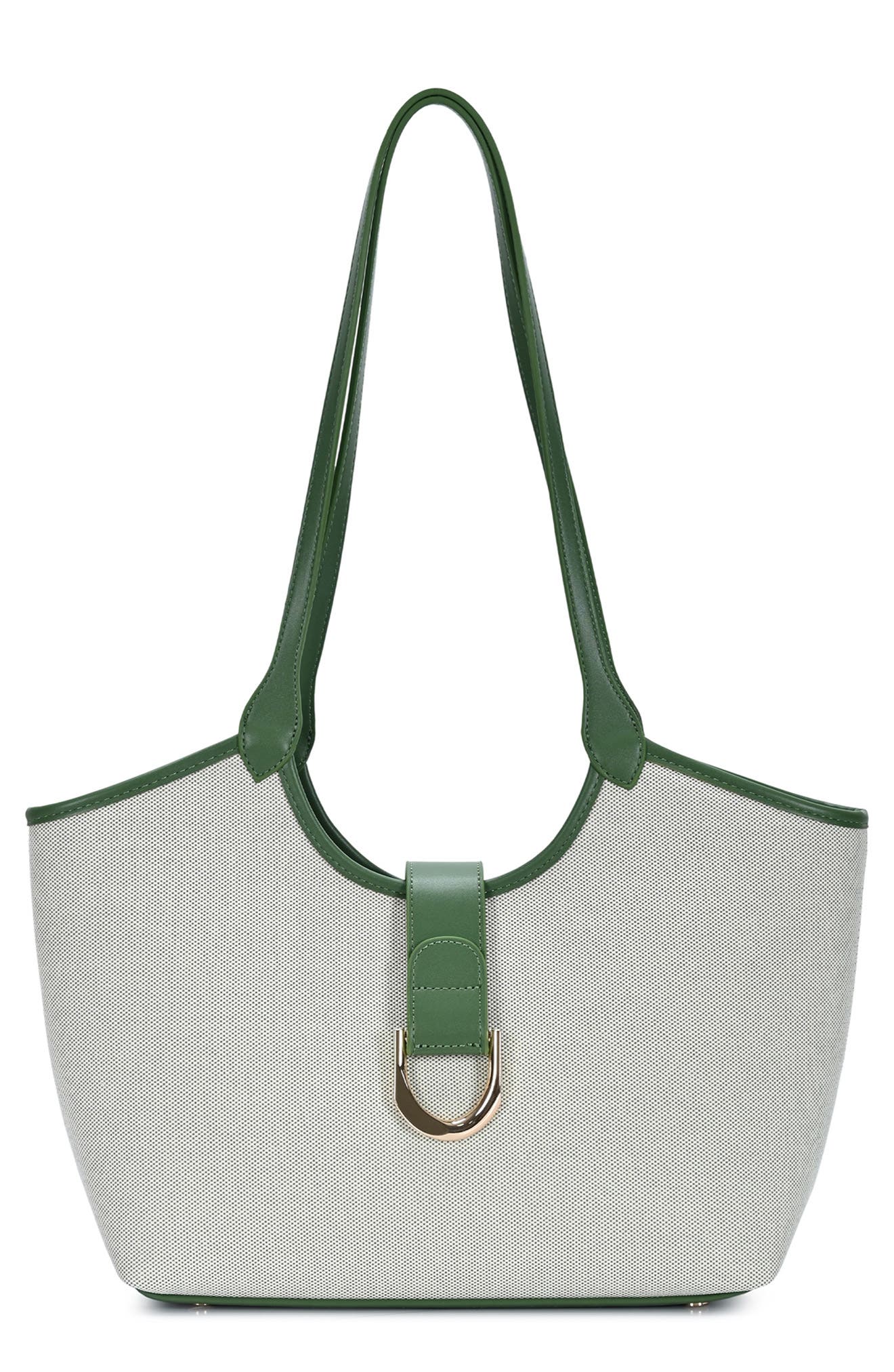 Two Tone Canvas & Faux Leather Tote, Main, color, GREEN