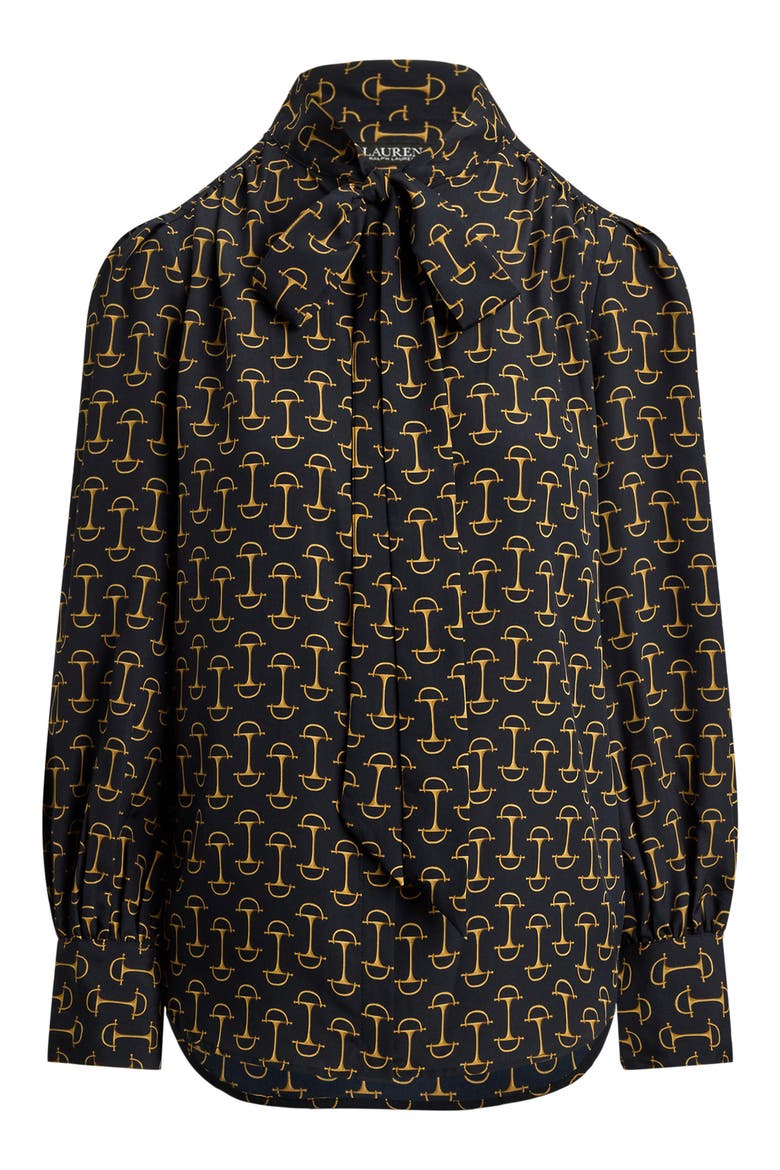 Tie Neck Long Sleeve Popover Top, Alternate, color, NAVY BLUE/ MULTI