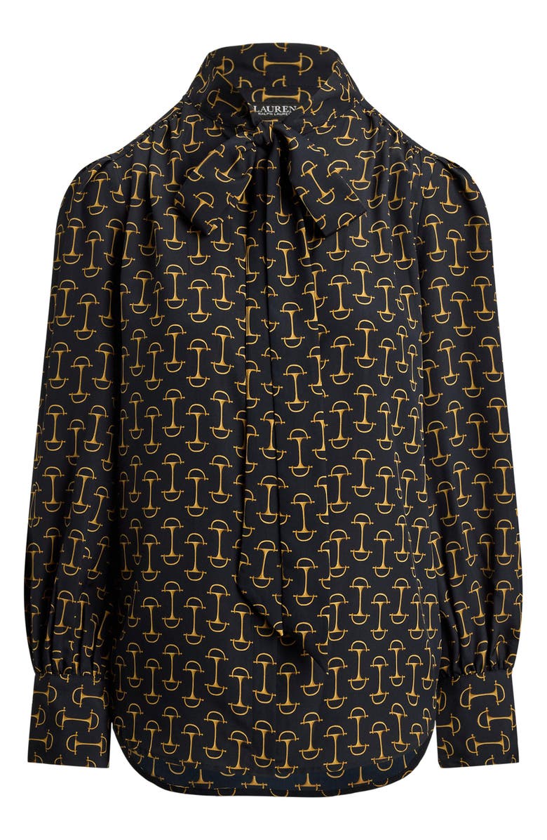 Lauren Ralph Lauren Tie Neck Long Sleeve Popover Top, Alternate, color, Navy Blue/ Multi