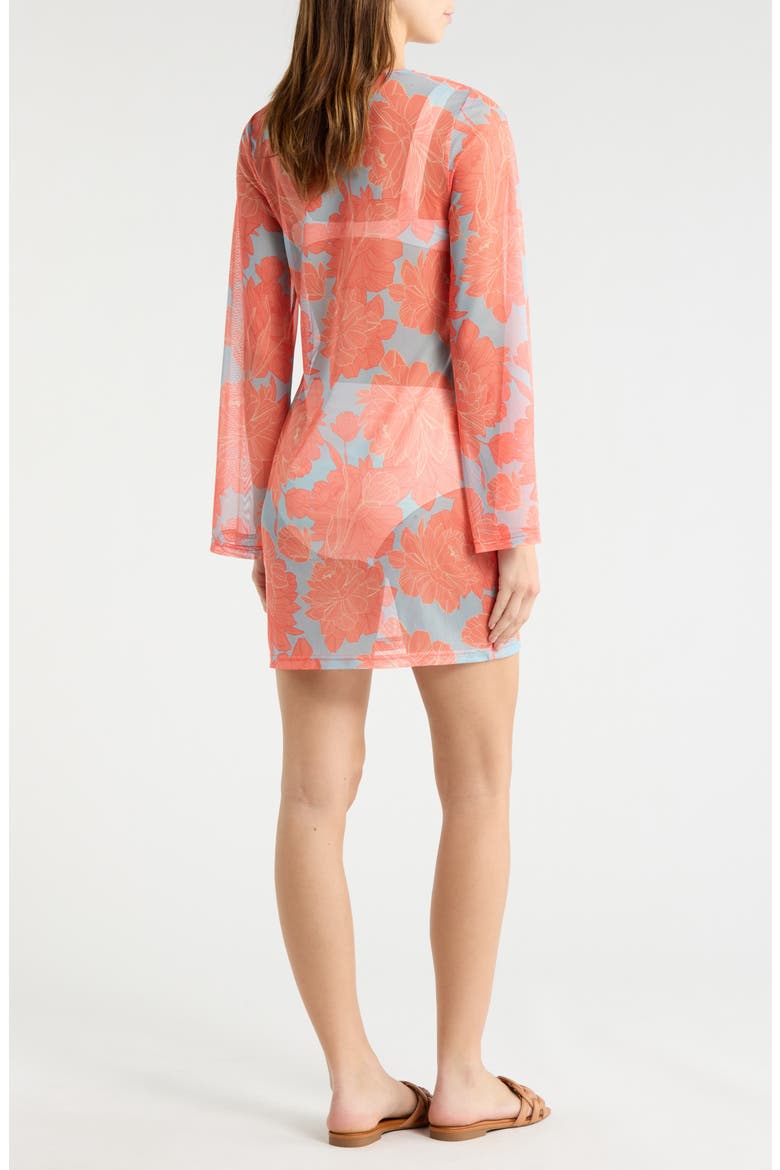 Tie Front Long Sleeve Cover-Up, Alternate, color, SKY BLUE PEONIES