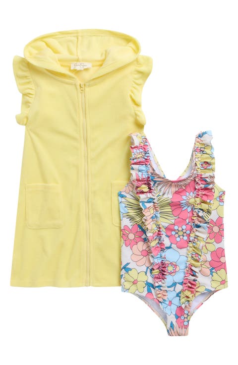 Kids' Ruffle Floral One-Piece Swimsuit & Towelling Terry Cover-Up Dress Set