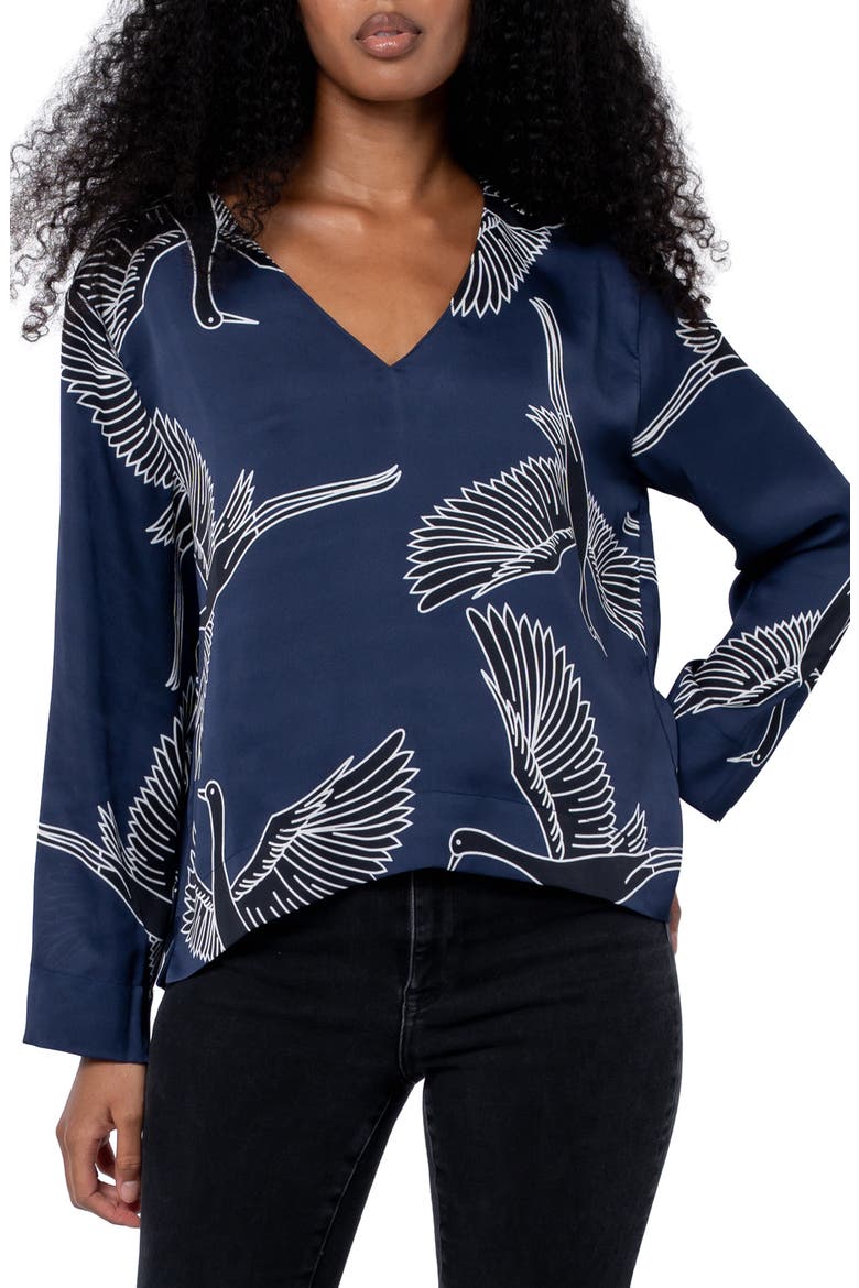 Jones Bird Print V-Neck Top, Main, color, NAVY MULTI