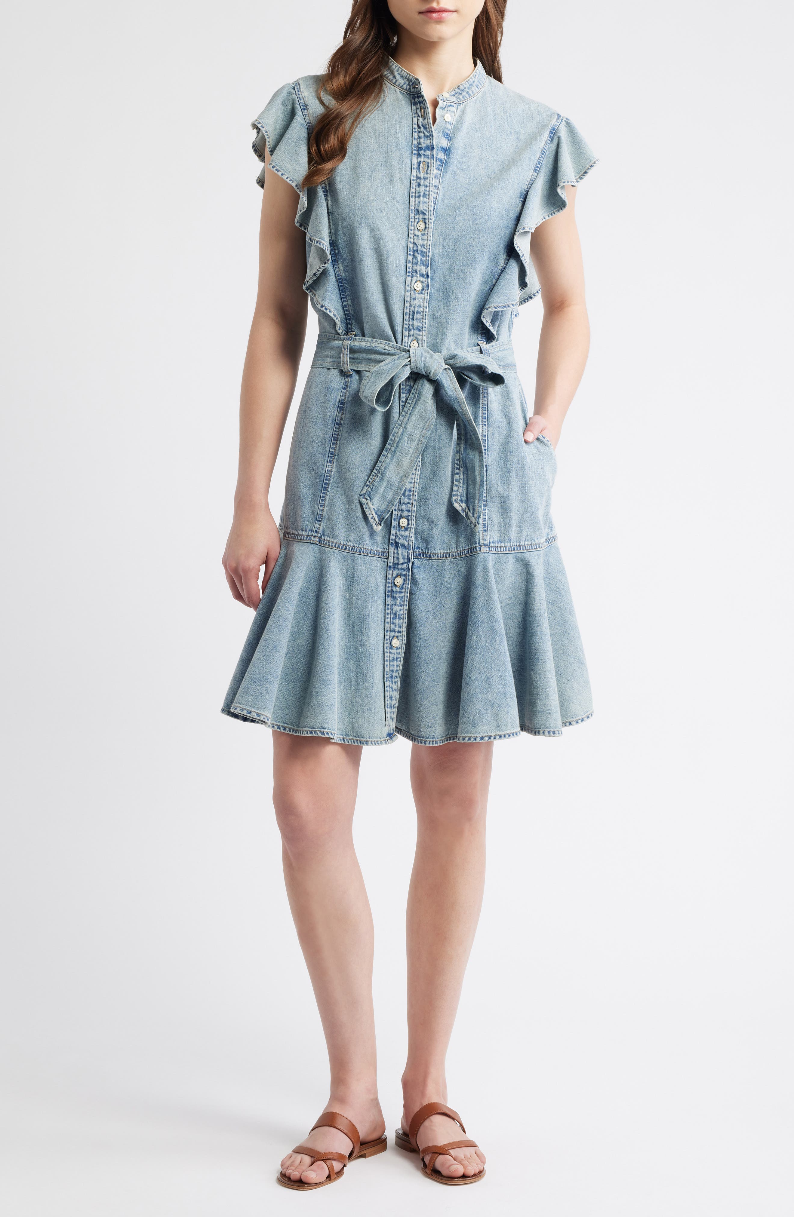 Lauren Ralph Lauren Flutter Sleeve Belted Denim Minidress