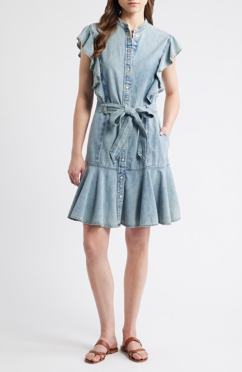 Lauren Ralph Lauren Flutter Sleeve Belted Denim Minidress, Main, color, Alicia Wash