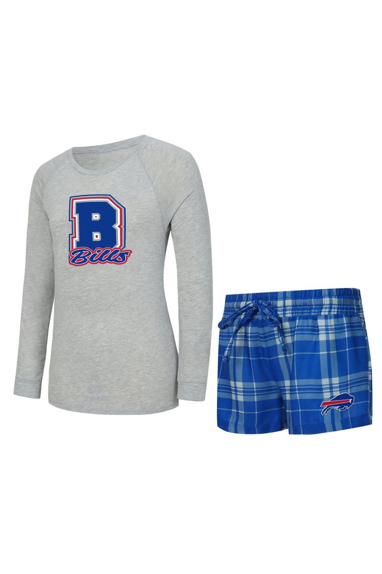 Women's Concepts Sport  Heather Gray/Royal Buffalo Bills Regulate Plaid Long-Sleeve T-Shirt & Shorts Sleep Set, Main, color, Heather Gray