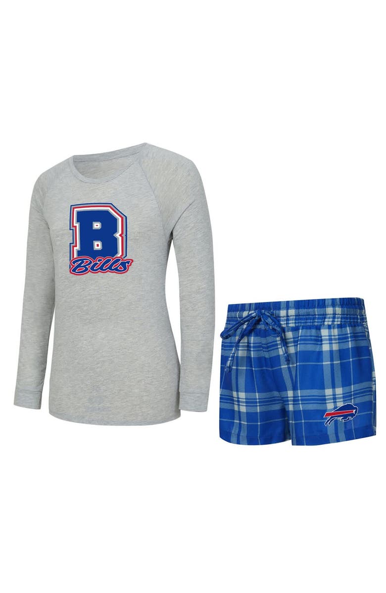 CONCEPTS SPORT Women's Concepts Sport  Heather Gray/Royal Buffalo Bills Regulate Plaid Long-Sleeve T-Shirt & Shorts Sleep Set, Main, color, Heather Gray