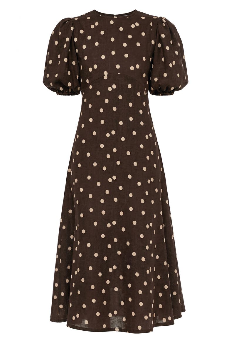 The Dawn Dot Puff Sleeve Linen & Cotton Maxi Dress, Alternate, color, POLKA DOTS BROWN
