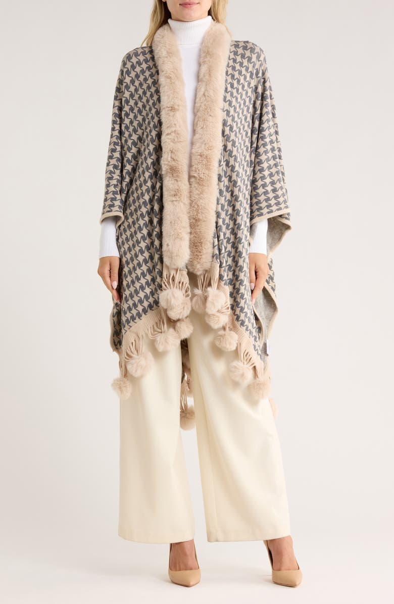 La Fiorentina Houndstooth Ruana with Faux Fur Trim, Main, color, Beige