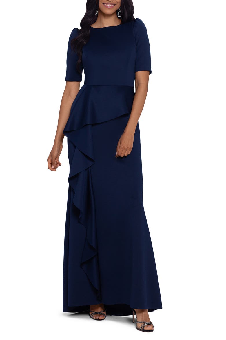 Xscape Ruffled Scuba Short Sleeve Gown, Main, color, MIDNIGHT