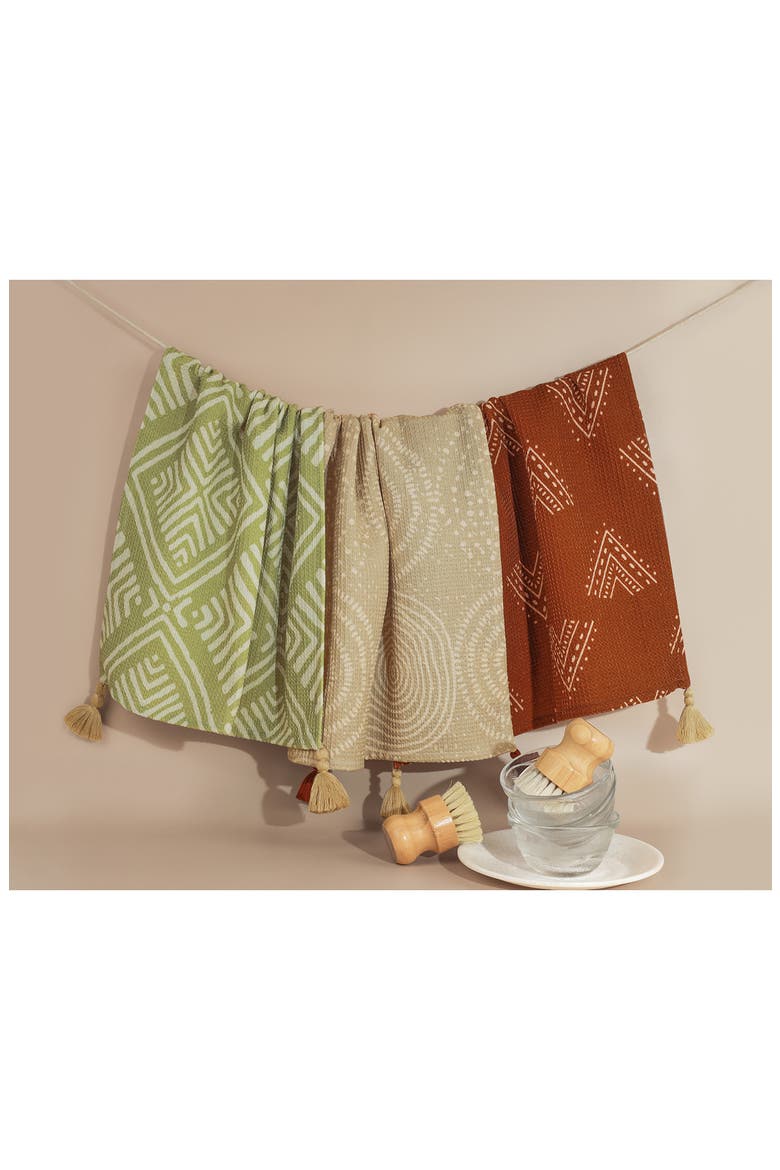 Set of Three Earthy Bohemian Geometric Kitchen Towels, Alternate, color, OLIVE GREEN/ TERRACOTTA