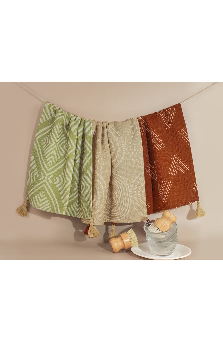 Tiramisu Set of Three Earthy Bohemian Geometric Kitchen Towels, Alternate, color, Olive Green/ Terracotta