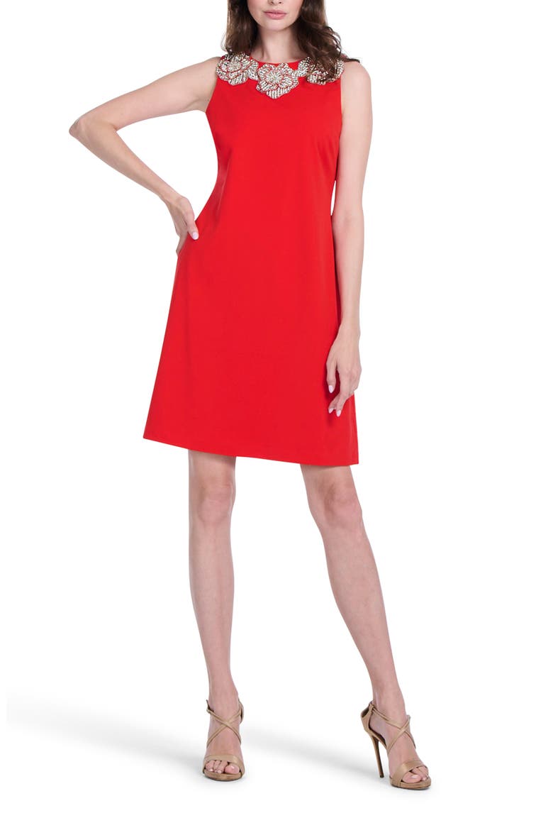 Crystal Floral Cocktail Shift Dress, Main, color, TOMATO