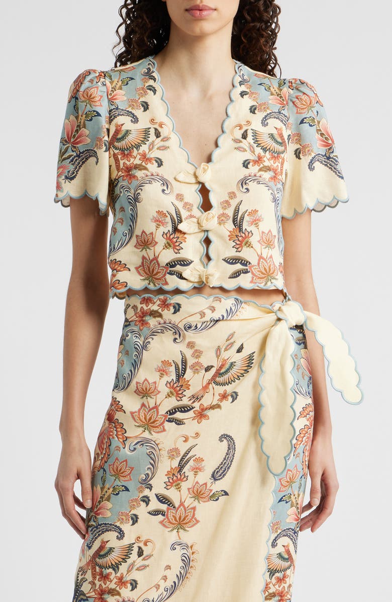 FARM Rio Boho Beauty Scallop Edge Linen Top, Main, color, Boho Beauty Butter