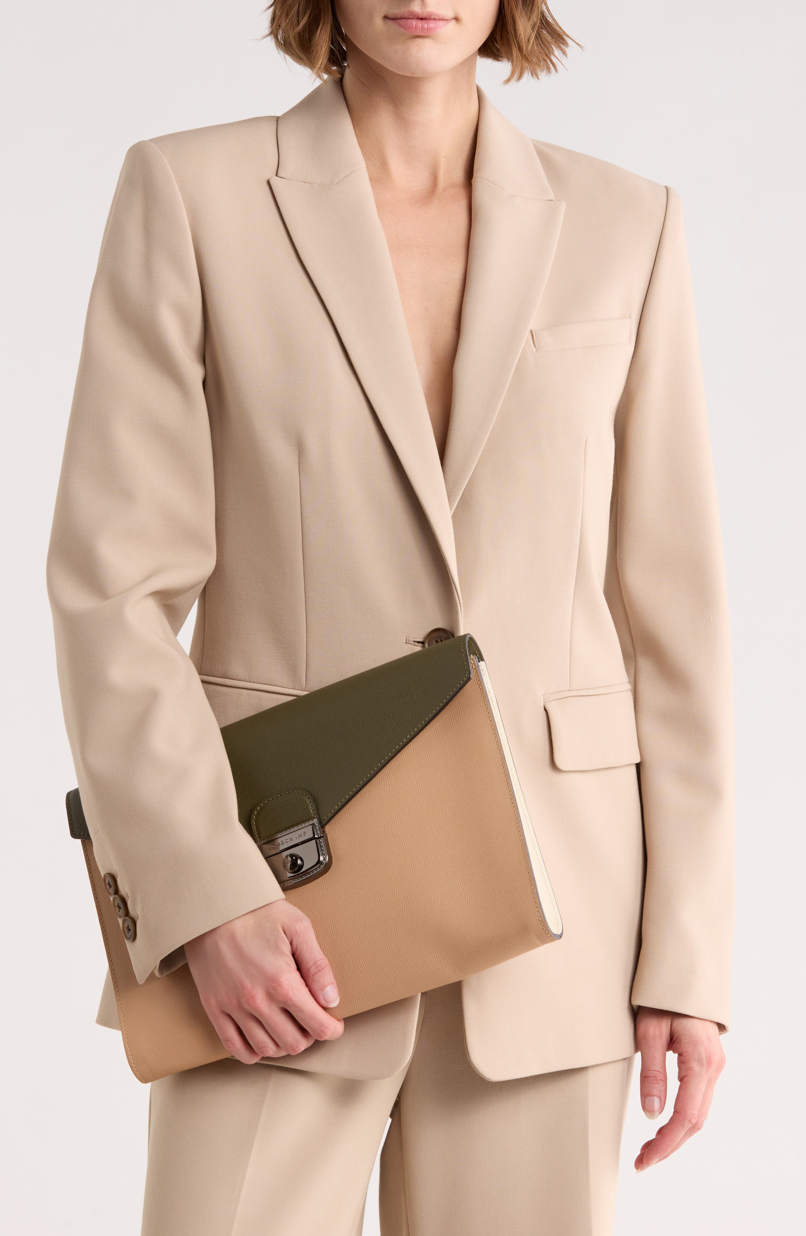 Longchamp Le Pliage Colorblock Leather Clutch, Alternate, color, Sand/Khaki/Ecru