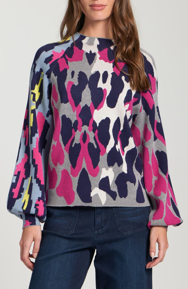 APNY Leopard Funnel Neck Sweater, Main, color, Navy Multi