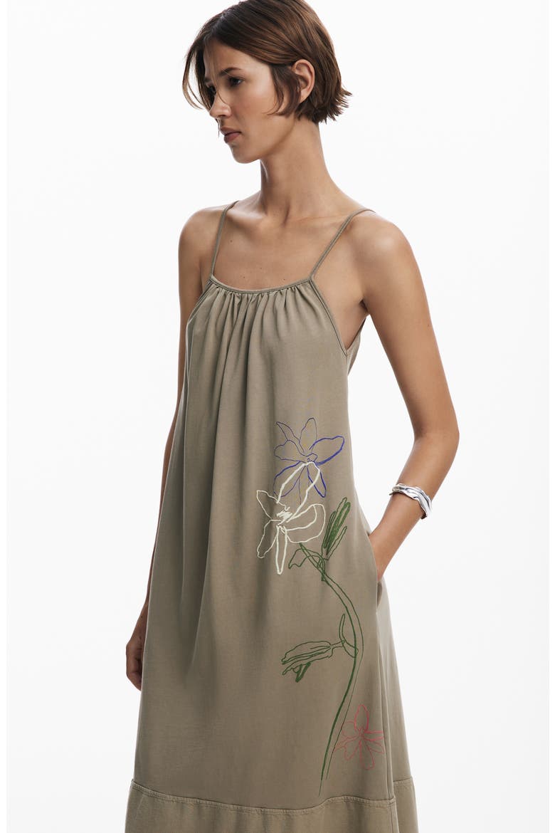 Floral Embroidered Cotton Midi Dress, Alternate, color, MEDIUM GRAY