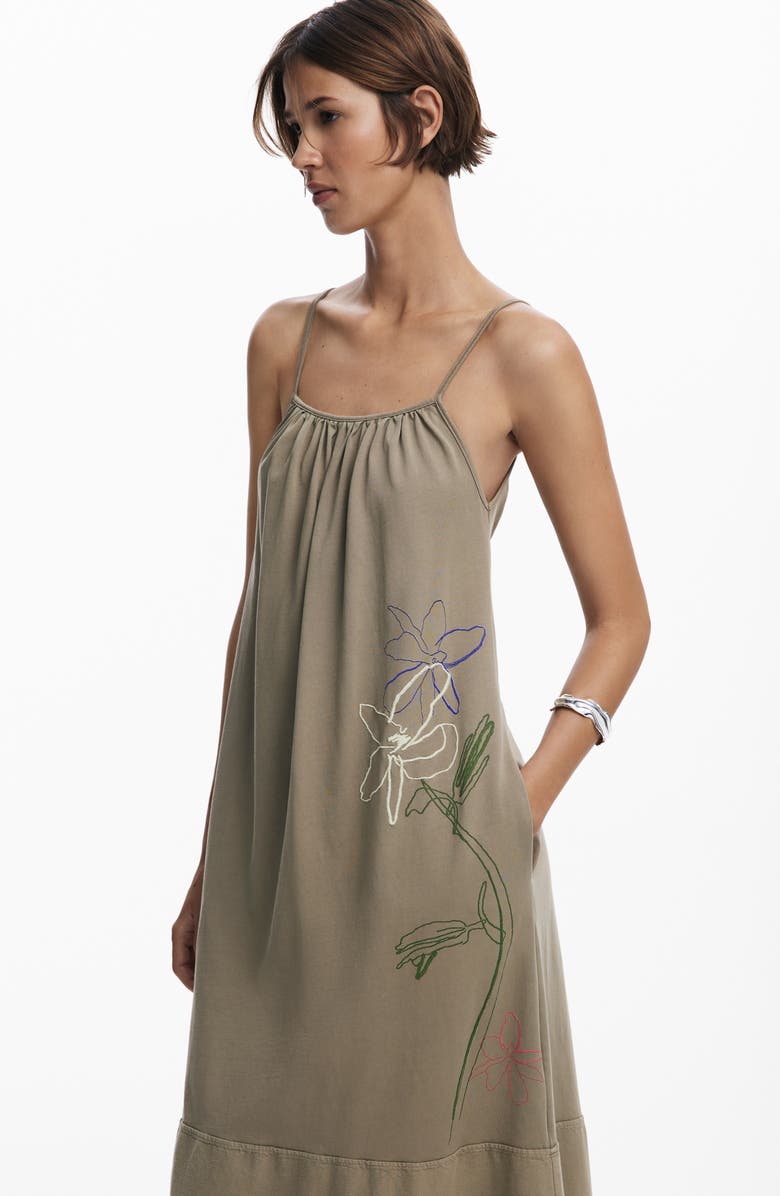 Desigual Floral Embroidered Cotton Midi Dress, Alternate, color, Medium Gray