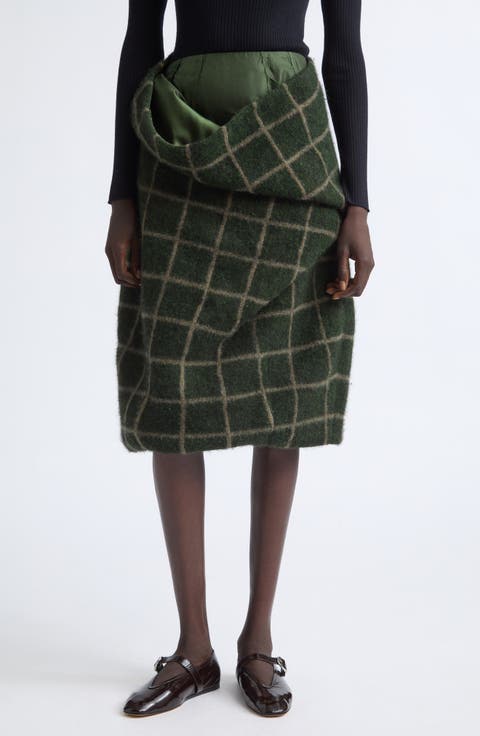 Windowpane Plaid Draped Cashmere Bouclé Sweater Skirt