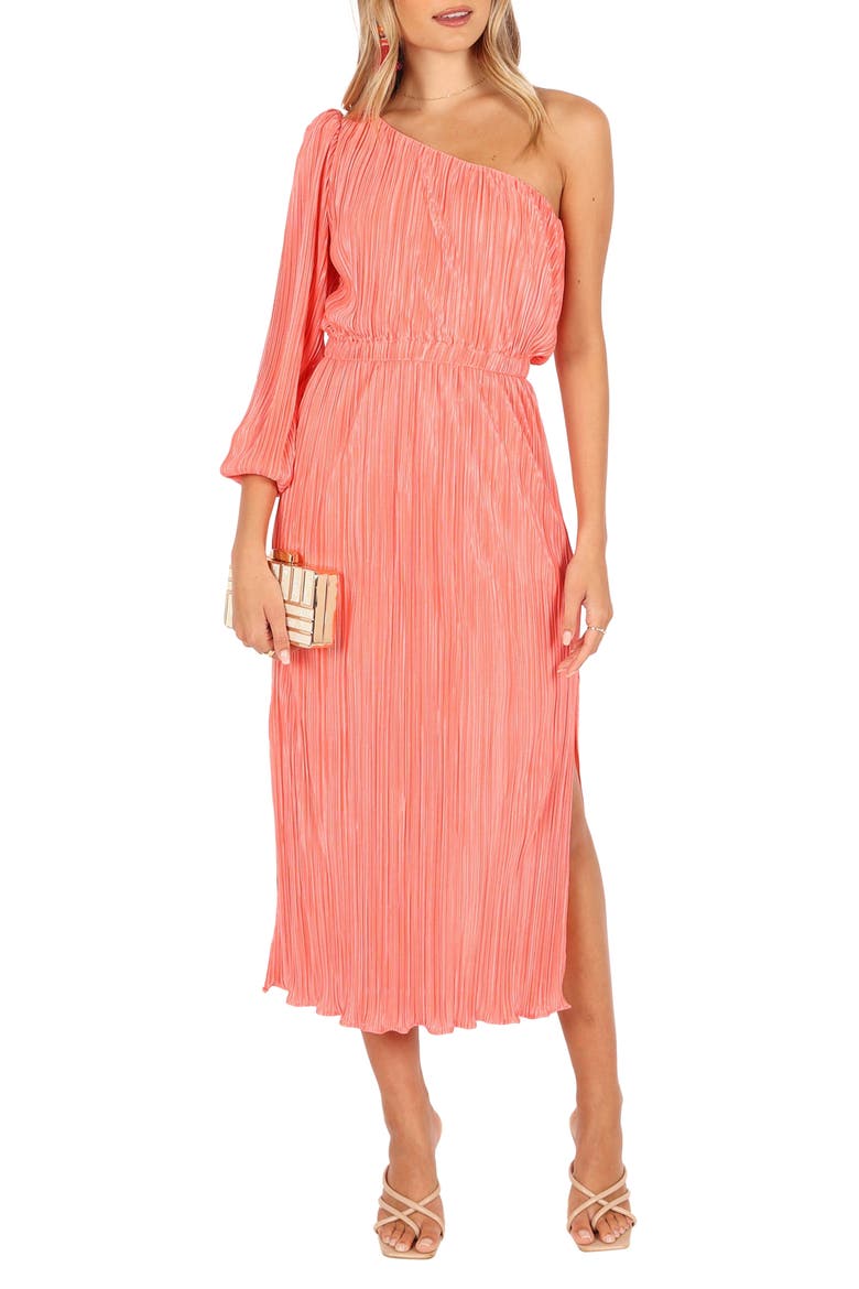 Pontee Pleated One-Shoulder Midi Dress, Main, color, CORAL