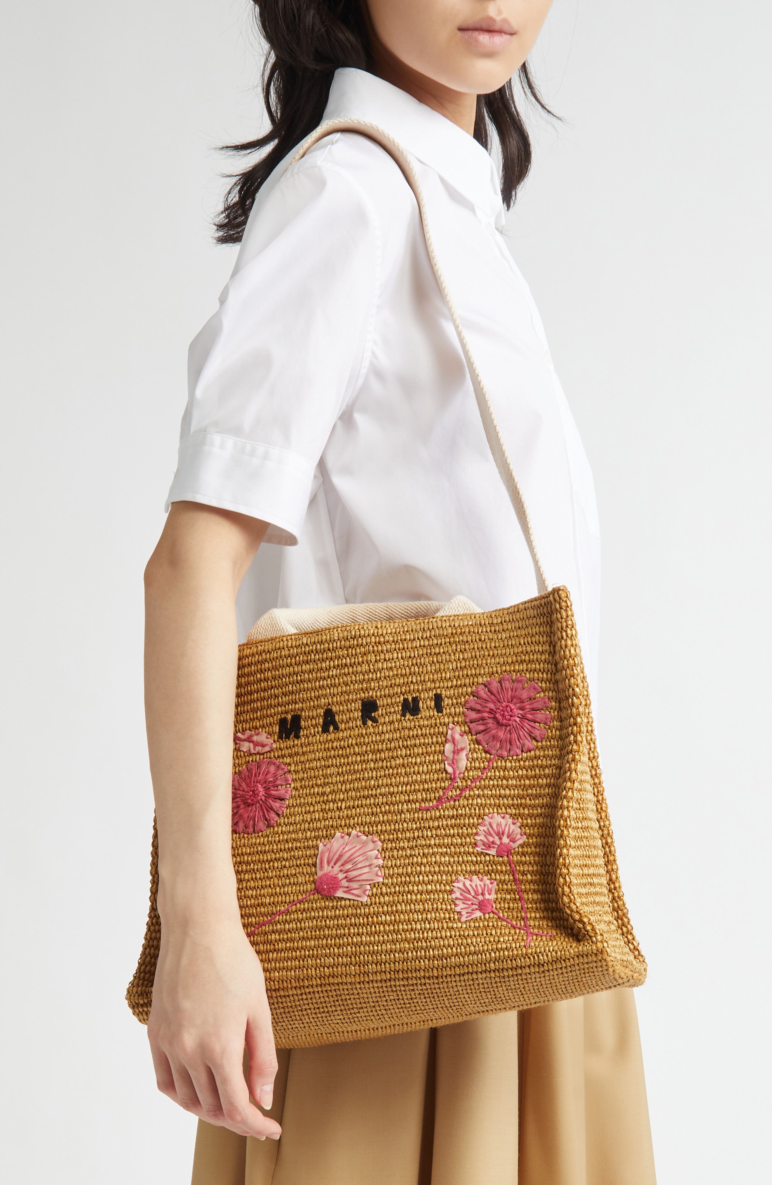 Marni Small Floral Embroidered Logo Raffia Tote, Alternate, color, 278 - Natural