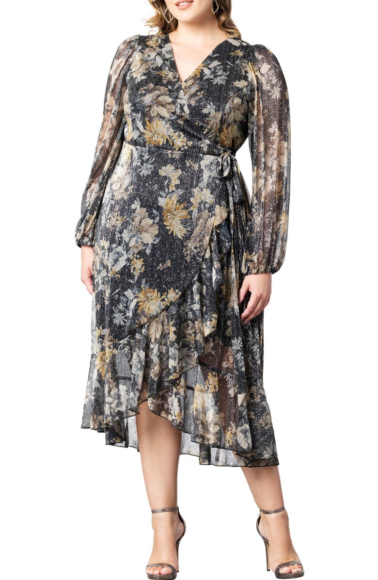 Kiyonna Clara Floral Metallic Midi Wrap Dress, Main, color, 