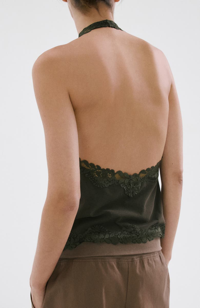 MANGO Kristen Draped Lace Detail Cotton Halter Top, Alternate, color, Khaki Green