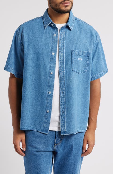 Bigwig Loose Fit Short Sleeve Cotton Denim Button-Up Shirt
