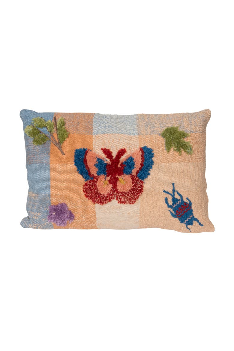 Indoor/Outdoor Woven Fabric Pillow with Tufting, Embroidery, and Insects, Multicolor, Main, color, Multicolor