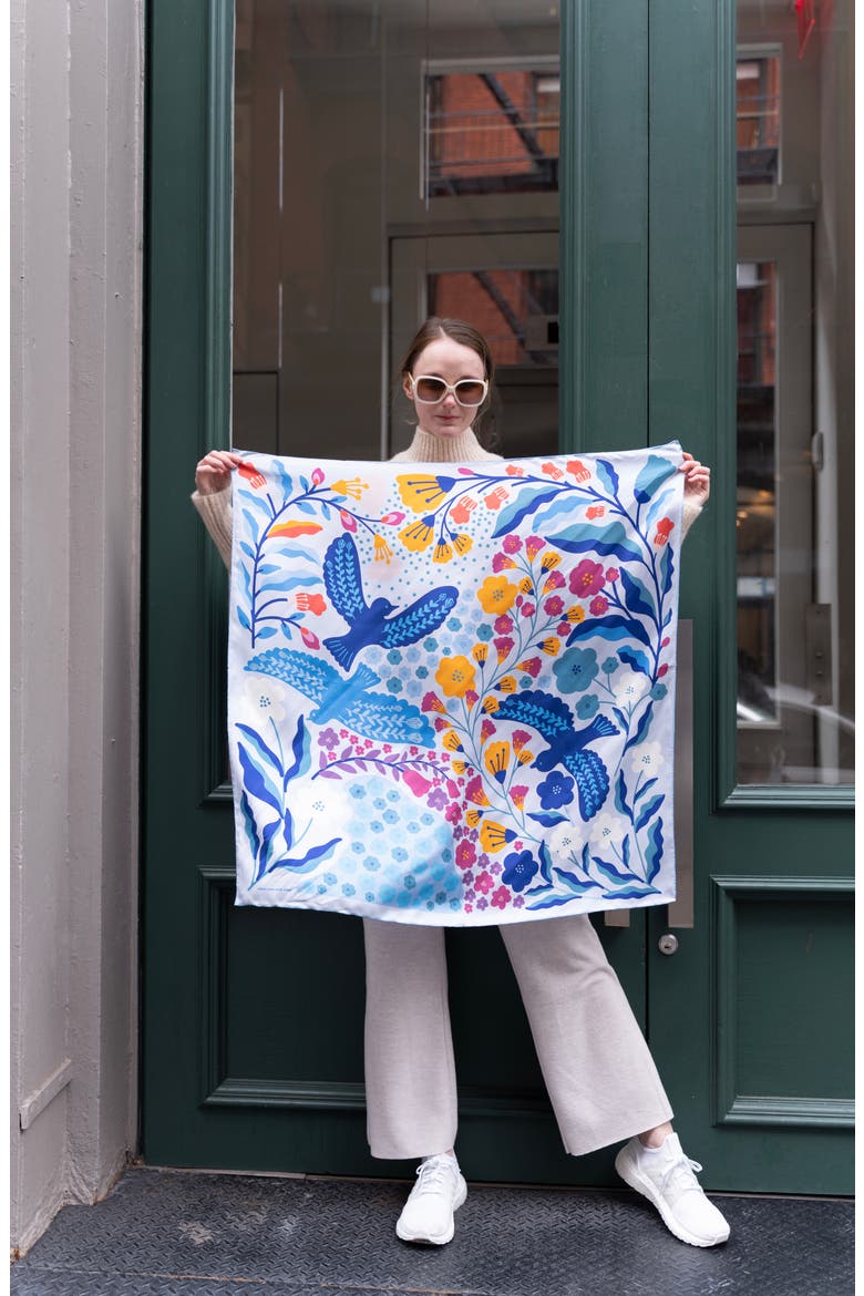Double Sided Silk Scarf of Blue Birds, Alternate, color, Blue