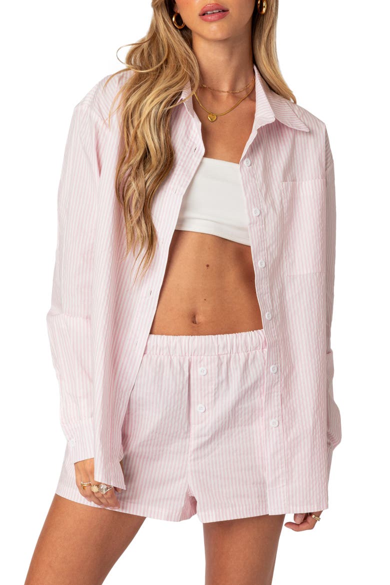 Pinstripe Oversize Button-Up Blouse, Main, color, PINK