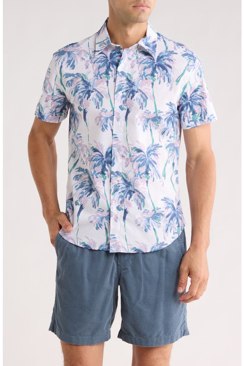 Paradisp Palms Slim Fit Short Sleeve Stretch Cotton Button-Up Shirt, Main, color, WATERCOLOR PALM TREE