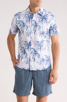 Paradisp Palms Slim Fit Short Sleeve Stretch Cotton Button-Up Shirt