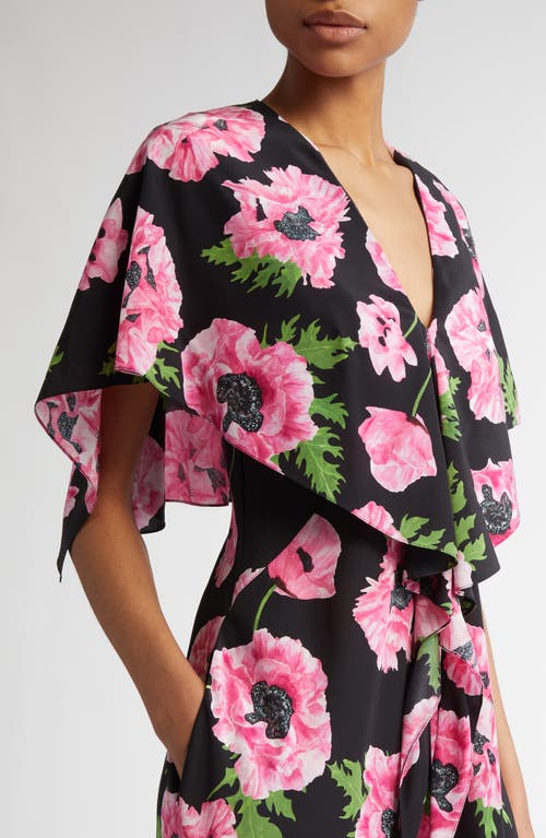 Stella Mccartney Poppy Print Ruffle Handkerchief Hem Silk Midi Dress In Black
