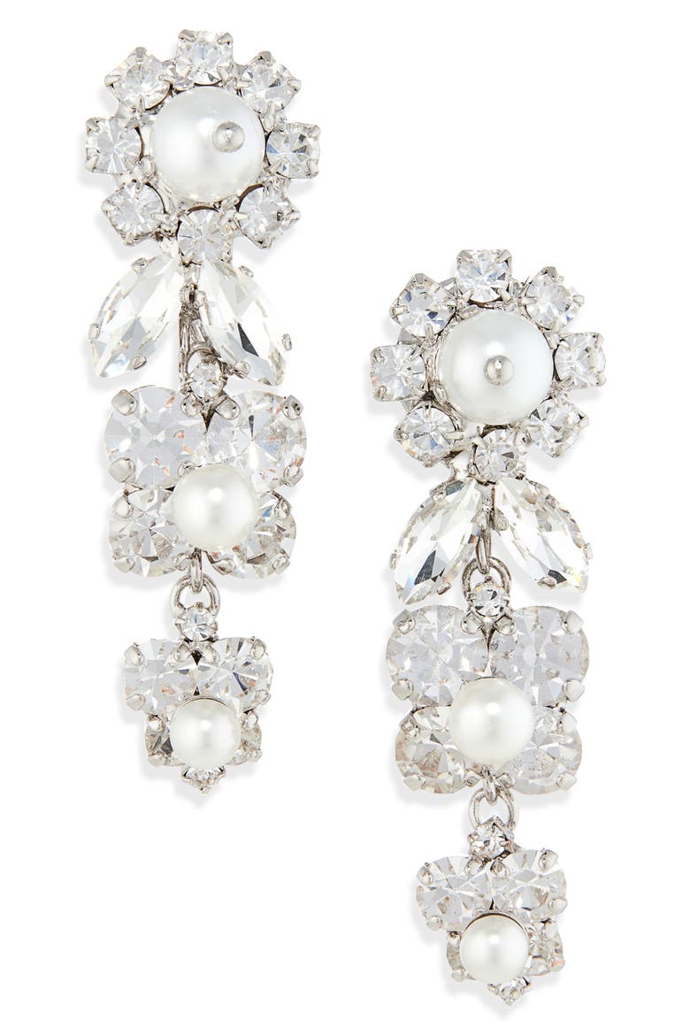 Daisy Cluster Crystal & Faux Pearl Drop Earrings, Main, color, CRYSTAL/ PEARL
